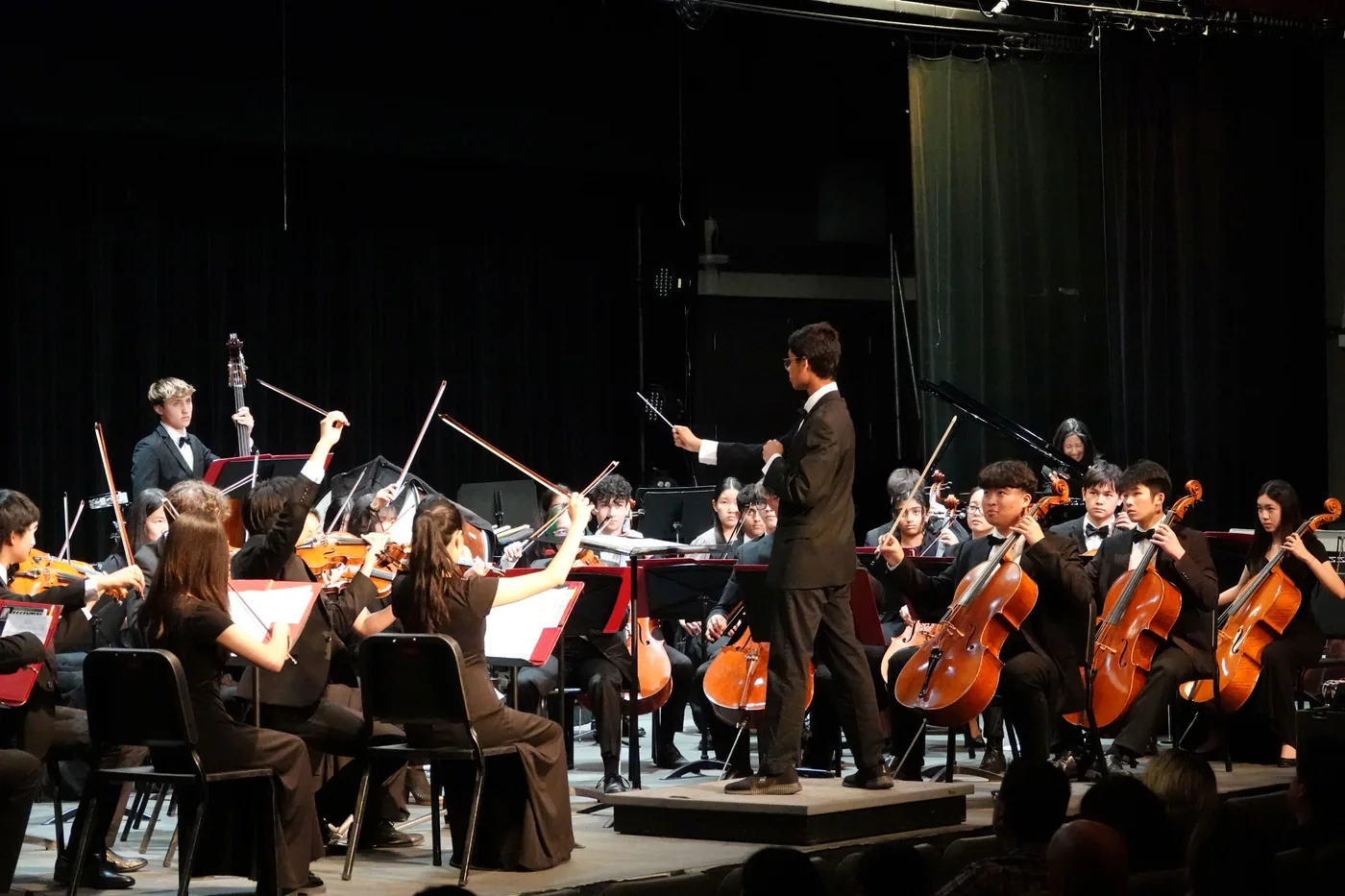 Sammy on upright bass with the orchestra performing together onstage