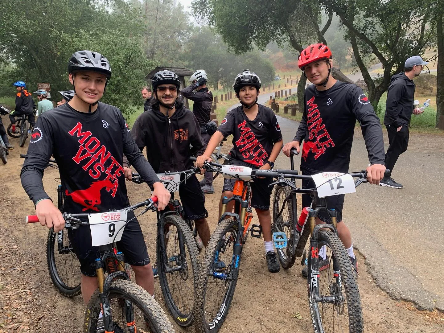 Riders with mountain bikes in the MVHS team’s May 2024 season wrap-up post